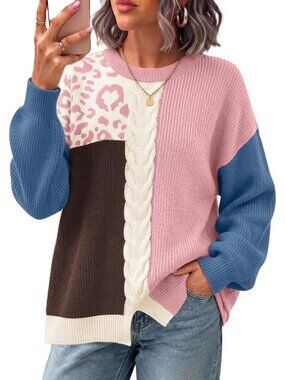Women's Pink NEW Oversized Fall Fashion Clothes Contrast Cable Trendy Sweaters